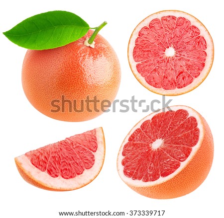 Isolated grapefruits. Collection of whole pink grapefruit and slices isolated on white background with clipping path Royalty-Free Stock Photo #373339717