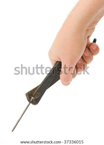 Hand with pliers and nail isolated on white background