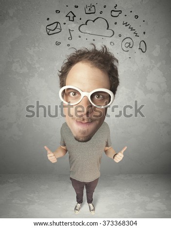Funny guy with big head and drawn social media marks over it
