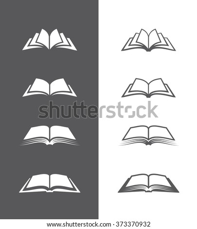 Set of open book icons  isolated on black and white backgrounds. Can be used as logo for bookstore or shop, library, educational or learning concept etc.
