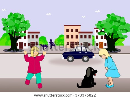 A street with children and dogs, trees, houses, and a car.
