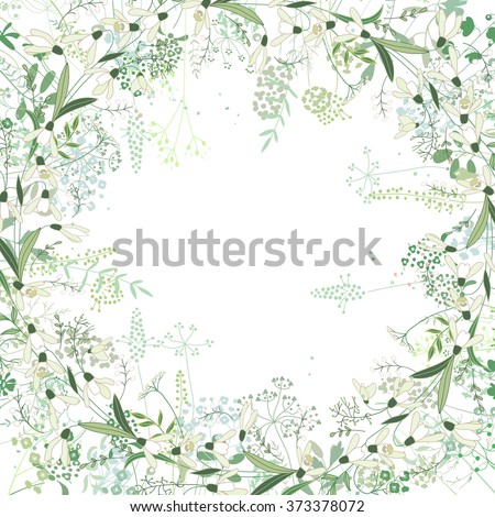 Square frame with contour galanthus and herbs on white. Pattern with flowers for your spring design, floral greeting cards, posters.