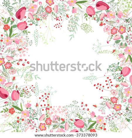 Square frame with contour tulips,roses and herbs on white. Floral pattern for your wedding design, floral greeting cards, posters.