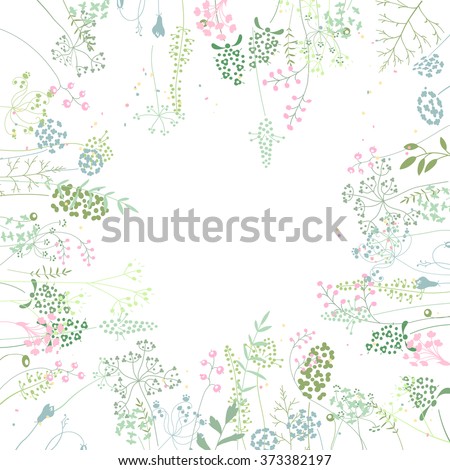 Square frame with contour  herbs on white. Pattern with flowers for your summer design, floral greeting cards, posters.
