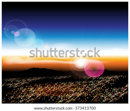 Vector illustration of a city with a bird's-eye view at sunrise. Illustration seamless horizontally if needed