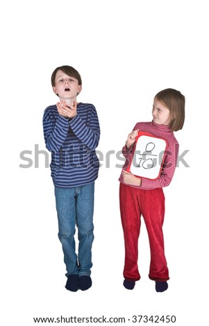 A boy sneezes into his hands, and a girl makes a thumbs down sign because this is one of the ways that swine flu is spread. She is holding a tablet on which is written a score of 0 out of 10.