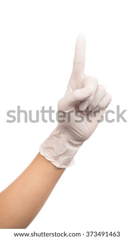 hand in sterile gloves poiting symbol isolated on white background