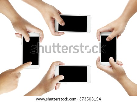 collection of Isolated male hands holding the phone similar like smart phone in white background