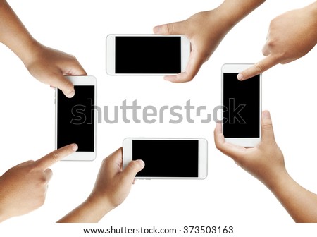 collection of Isolated male hands holding the phone similar like smart phone in white background