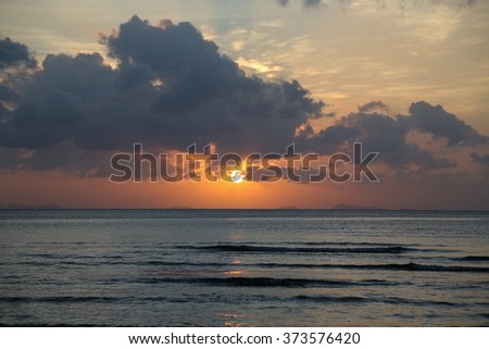 The landscape photography of orange sun setting into the ocean   in the sea from koh samui thailand