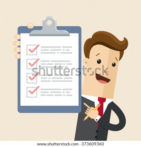 Businessman or manager. Illustration of business plan. A man in a suit shows a business plan. Vector, EPS 10