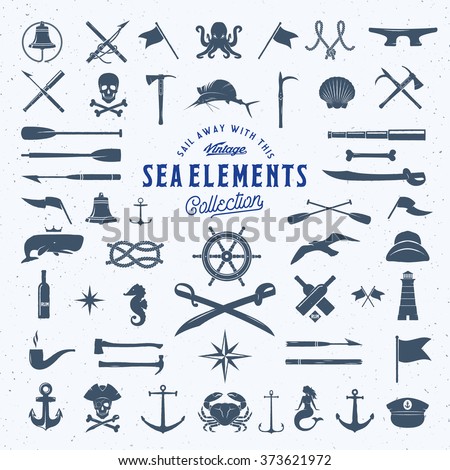 Vintage Vector Sea or Nautical Icon Symbol Elements Set for Your Retro Labels, Badges and Logos. Huge Template with Shabby Texture. Isolated. Royalty-Free Stock Photo #373621972