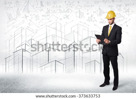 Handsome construction specialist with city drawing in background concept