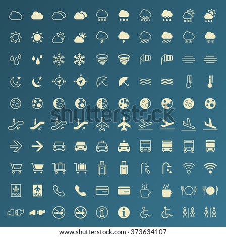 Set of 100 Thin Line and Solid Weather and Airport Icons. Vector Isolated Elements.