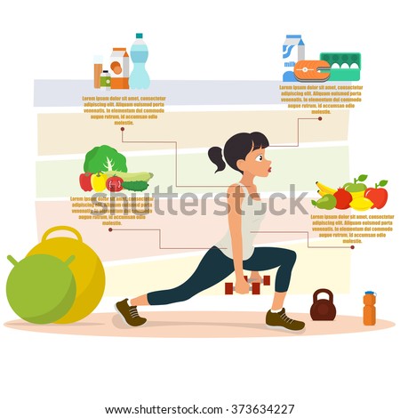 athletic girl doing gymnastics. icons of the sport lifestyle. Fitness woman, sport equipment, caring figure and diet icons. Health food. vector illustration.
