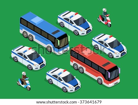 Isometric 3D police guard car, motorcade escort, policeman on motorcycle flat design, transport famous safeguard
