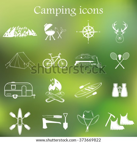 Set of camping equipment symbols and icons. 