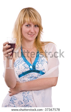 Woman proposes a toast to smb's health. Girl in white dress is standing and holding a glass of wine. Isolated on white background.