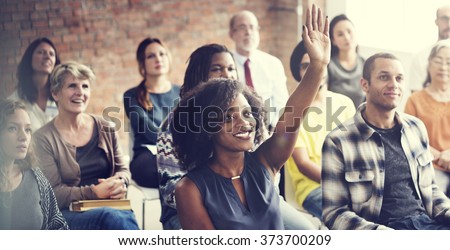 Audience Meeting Seminar Arms Raised Asking Concept Royalty-Free Stock Photo #373700209
