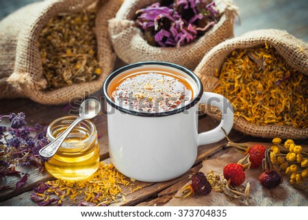 Cup of healthy daisy tea, honey and healing herbs. Herbal medicine.