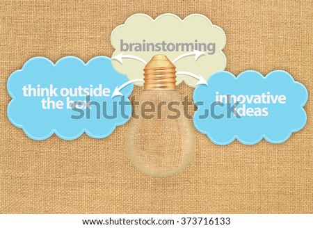 Brainstorming Think outside the Box Innovative Ideas Light Bulb Clouds hanging on canvas board background