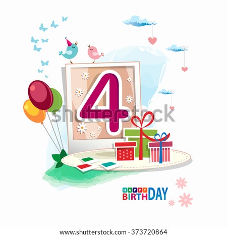Fourth Birthday card. Celebration background with number fourth, balloon, gift boxes and place for your text. vector illustration