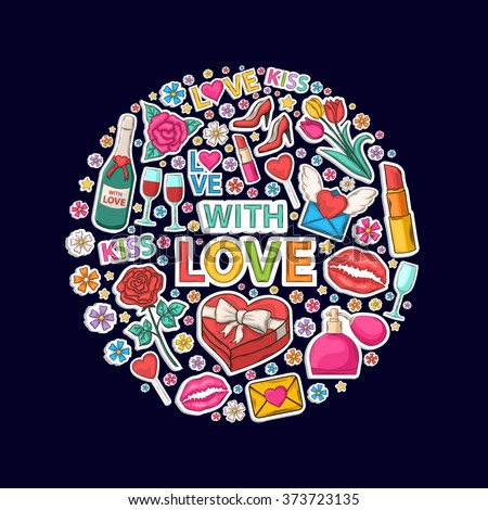 Love sticker clip art in the form of a circle.With shadow on a dark background.Hand Drawn.Scrapbook.Sticker.With letter,perfume,text,lipstick,hearts,womens shoes,champagne,glasses,email,love