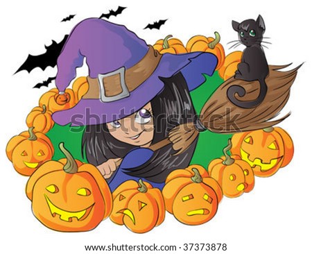 Witch, cat and pumpkins color