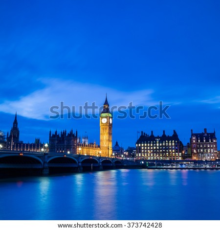 London skyline with Big Ben and Houses of parliament at twilight in UK.
