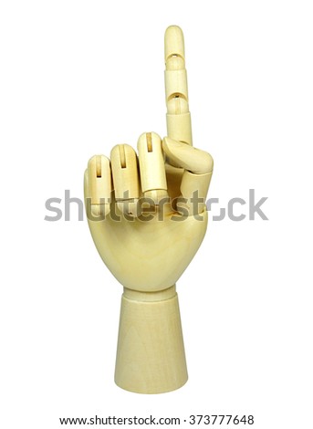 Wooden dummy hand point: Number One sign isolated white background