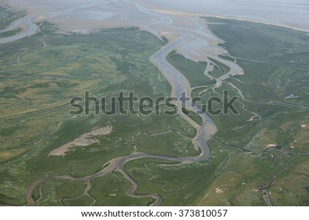 Aerial view of the Boschplaat at Terschelling, an island in the Waddenzee, Holland. The Waddenzee is on the UNESCO world heritage list.