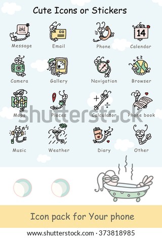 Set vector icons for phone, mobile, tablet. Cute stickers, smile for social networks. Icon message, email, phone, camera, gallery on sky with clouds. Doodle cartoon style. Light pink, yellow, green