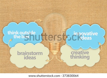 Think outside the box, Brainstorm Ideas, Creative Thinking, Innovative Ideas Light Bulb Clouds arrows hanging on canvas board background