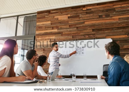 Portrait of young businessman giving presentation to colleagues. Young man showing new app design layout on white board to coworkers during business presentation.