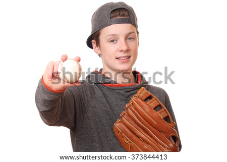 Portrait of a teenage boy with baseball and glove on white background