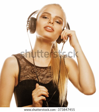 young sweet talented teenage girl in headphones singing isolated