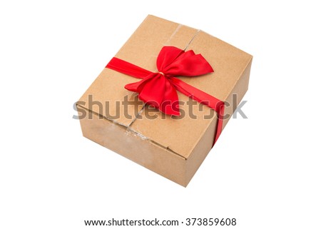 small gift box wraped in recycled paper with ribbon bow, isolated