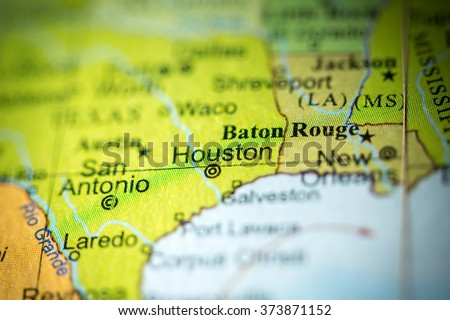 Closeup of Houston, Texas on a political map of USA.