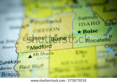 Closeup of Burns, Oregon on a political map of USA.