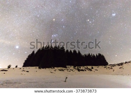 The Milky Way over the winter mountain landscape with pine trees in the foreground.