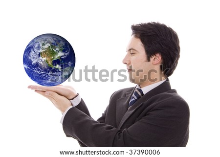business man holding the planet earth isolated on white background