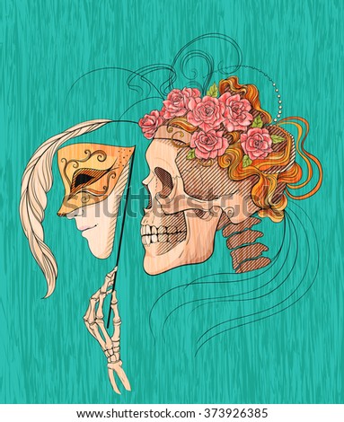 illustration with skull and mask on green texture