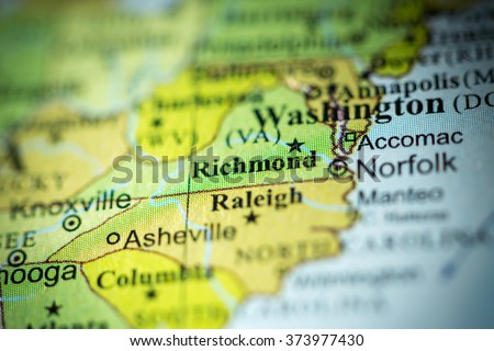 Closeup of Richmond, Virginia on a political map of USA.
