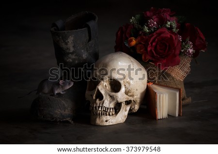 still life skull with boot, rat and flower in the old day