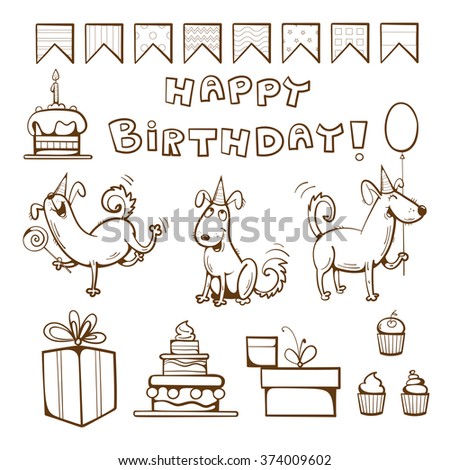 Birthday coloring  book. Cute dogs, gifts, cake, candle, balloon and candy. Vector illustration.