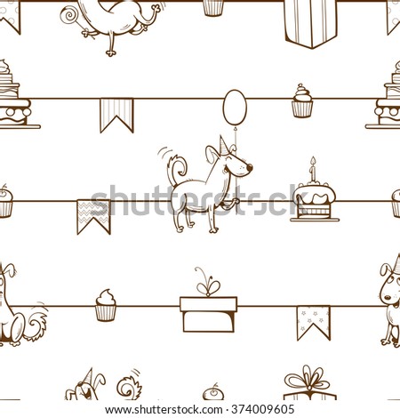 Vector birthday seamless pattern with cute cartoon dogs, presents, cake, balloons and confetti on white  background.
