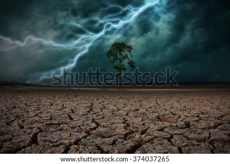 Land to the ground dry cracked and big tree. With lightning storm

 Royalty-Free Stock Photo #374037265