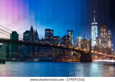 USA. New York City. Evening. View of the skyscrapers of Manhattan, the East river and the Brooklyn bridge.Fantastic Collage