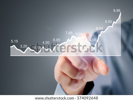 nvestment concept with financial chart symbols coming from a hand 