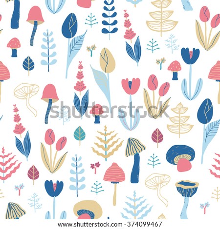 Cute seamless vector pattern with leafs, tulip flowers and mushrooms
